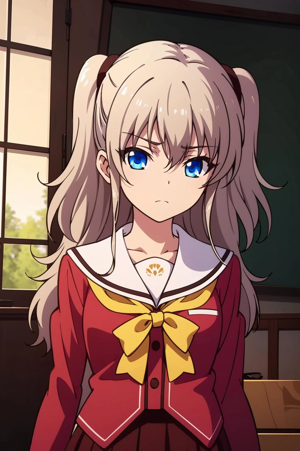 <lora:åå©å¥ç»ª1V-000010:0.8>,1girl,åå©å¥ç»ª,long hair,two side up,white hair,blue eyes,hair between eyes,
school uniform,serafuku,red skirt,pleated skirt,bag,yellow neckerchief,red shirt,collarbone,long sleeves,frown,portrait,face_focus,, (masterpiece:1,2), best quality, masterpiece, highres, original, extremely detailed wallpaper, perfect lighting,(extremely detailed CG:1.2),