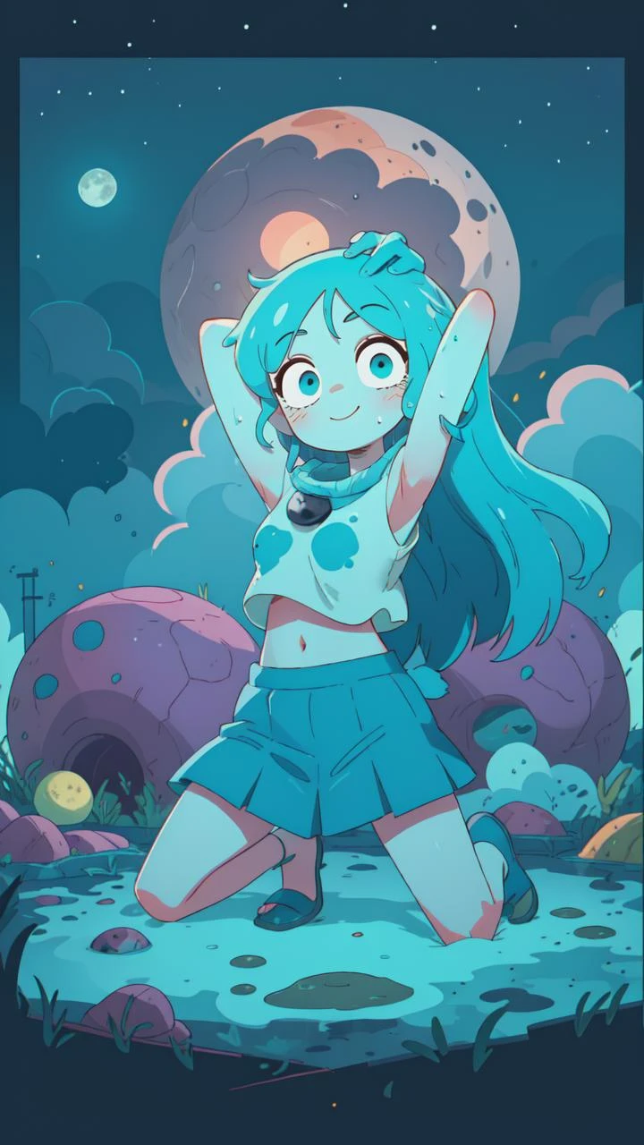 (masterpiece, best quality:1.15), (1girl, solo:1.1), long hair, looking at viewer, day, baggy clothes, midriff, skirt, outdoors, crater, lunar, rocky, moon, moonwalk, lunar rover, dust, boulders, craters, lunar module, joyful, kneeling, arms behind head, armpits, (slime,flat color,smoke:1.05)
