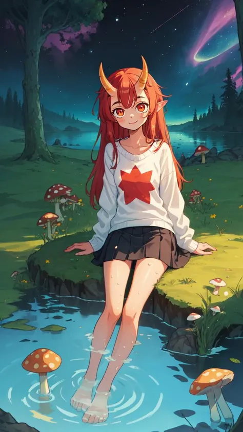 (masterpiece, best quality:1.15), (1girl:1.1), solo, long hair, shirt, looking at viewer, outdoors, smile, sitting, sky, (colored skin, red skin:1.1), horns, skirt, sweater, (surreal, abstract, starry sky, water, liquid, glowing, water, star \(symbol\):1.1), grass, rock, mushroom, soaking feet