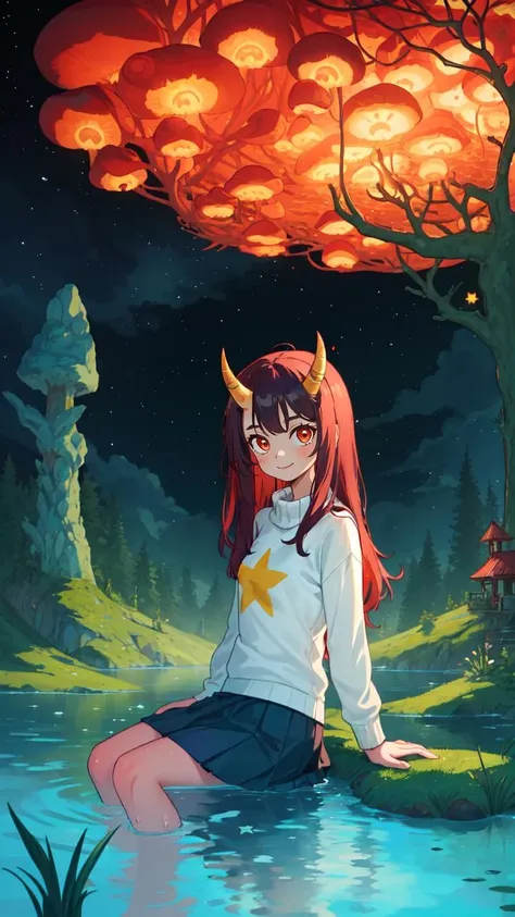 (masterpiece, best quality:1.1), (1girl:1.1), solo, long hair, shirt, looking at viewer, outdoors, smile, sitting, sky, (colored skin, red skin:1.1), horns, skirt, sweater, (surreal, abstract, starry sky, water, liquid, glowing, water, star \(symbol\):1.1), grass, rock, mushroom tree, (((intricate))), elegant