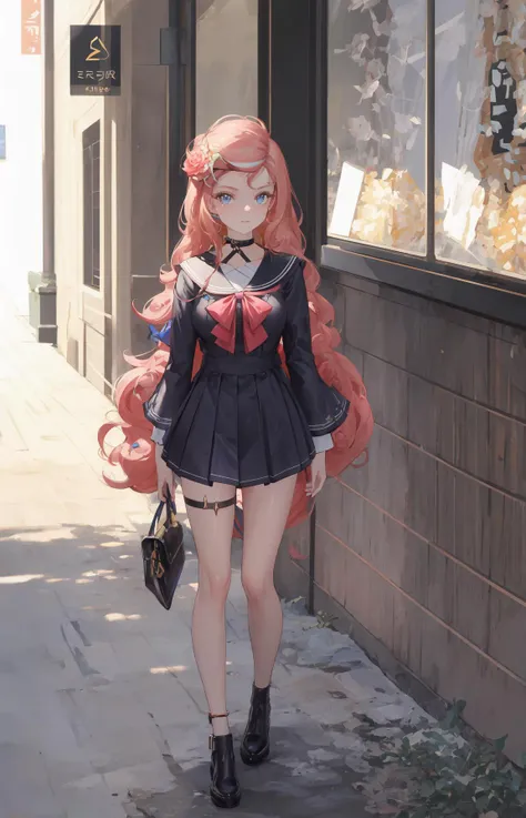 (masterpiece, best quality, ultra-detailed, highres, absurdres, best illumination, finely detail, bloom, lighting on face, best lighting, finely detailed beautiful eyes, shiny hair , perfect face, lustrous skin), standing, outdoor, depth_of_field, daylight, daytime, full body, dutch_angle, street,
<lora:lumi_vsinger:0.7>, lumi_vsinger, hair ornament, serafuku, black choker
