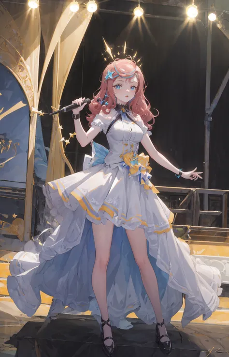 (masterpiece, best quality, ultra-detailed, highres, absurdres, best illumination, finely detail, bloom, lighting on face, best lighting, finely detailed beautiful eyes, shiny hair , perfect face, lustrous skin), standing, outdoor, depth_of_field, daylight, daytime, full body, dutch_angle, idol, stage, spot_light, costume, on stage, singing, microphone,
<lora:lumi_vsinger:0.8>, lumi_vsinger, star hair ornament, contemporary,