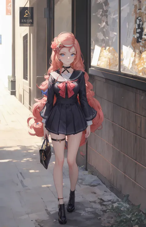 (masterpiece, best quality, ultra-detailed, highres, absurdres, best illumination, finely detail, bloom, lighting on face, best lighting, finely detailed beautiful eyes, shiny hair , perfect face, lustrous skin), standing, outdoor, depth_of_field, daylight, daytime, full body, dutch_angle, street,
<lora:lumi_vsinger:0.7>, lumi_vsinger, hair ornament, serafuku, black choker