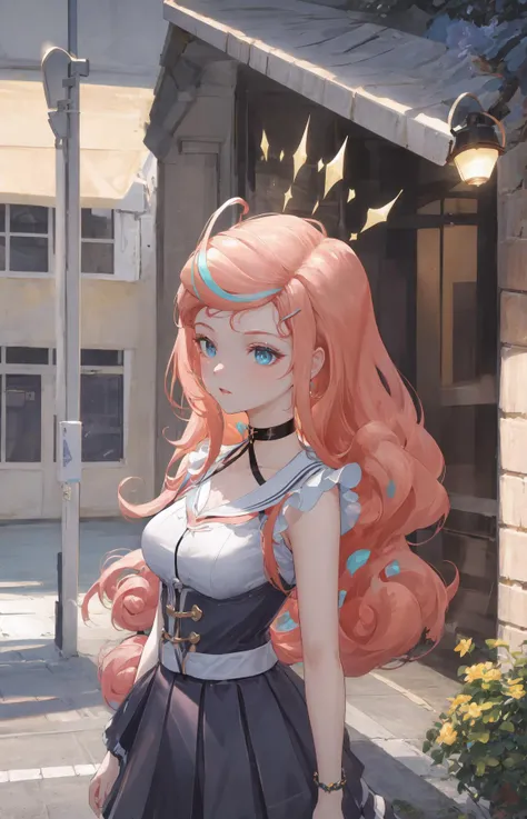 (masterpiece, best quality, ultra-detailed, highres, absurdres, best illumination, finely detail, bloom, lighting on face, best lighting, finely detailed beautiful eyes, shiny hair , perfect face, lustrous skin), standing, outdoor, depth_of_field, daylight, daytime, full body, dutch_angle, street,
<lora:lumi_vsinger:0.7>, lumi_vsinger, hair ornament, serafuku, black choker