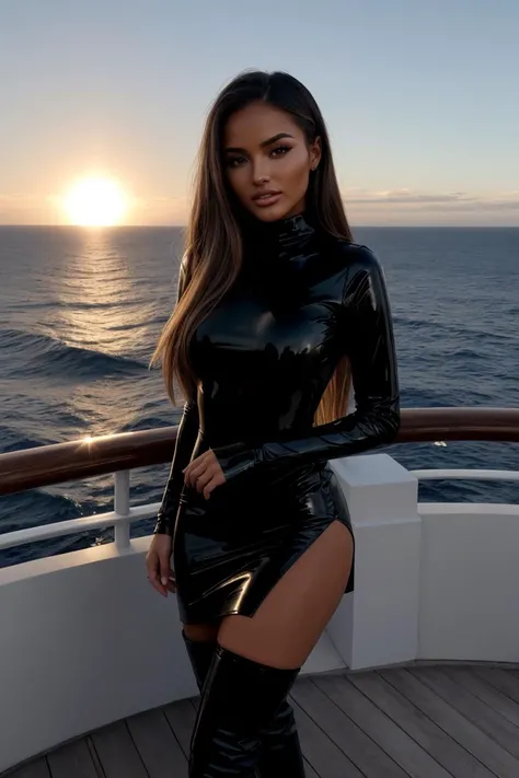 (Cinematic Shot:1.3) SO_Blanca_Richards (skinny, slim, abs, big boobs:1.3) ((Photo Focus, DOF, Aperture, insanely detailed and intricate, character, hypermaximalist, hyper realistic, super detailed, (lens flare))) (Wearing a black latex dress and thigh high boots:1.3) (On deck of a luxury cruise ship looking at the ocean:1.3) (smile:1.3) <lora:exposure_control_v10:-0.2> <lora:more_details:0.3>