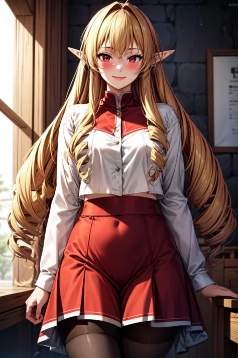 best quality, masterpiece, 1girl, (solo:1.1), raytracing, ultra detailed,detailed face, 8k wallpaper, wide hips, <lora:more_details:0.5>, ElinaliseDragonroadNDV, 1girl, blonde hair, red eyes, medium breasts, very long hair, elf, pointy ears, drill hair, smile, blush, red skirt, white shirt, pantyhose, <lora:ElinaliseDragonroadNDV:0.7>