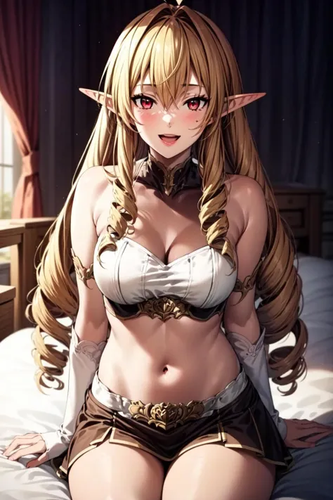 best quality, masterpiece, 1girl, (solo:1.1), raytracing, ultra detailed,detailed face, 8k wallpaper, wide hips, <lora:more_details:0.5>, ElinaliseDragonroadNDV, 1girl, blonde hair, red eyes, medium breasts, very long hair, elf, pointy ears, drill hair, smile, crop top, miniskirt, open mouth, bed, sitting, <lora:ElinaliseDragonroadNDV:0.7>