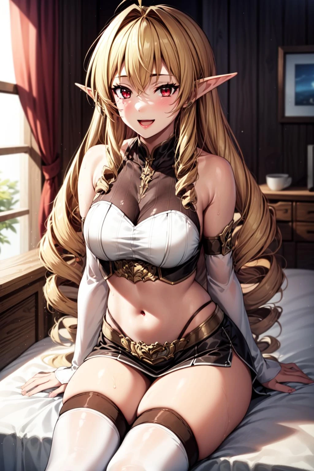 best quality, masterpiece, 1girl, (solo:1.1), raytracing, ultra detailed,detailed face, 8k wallpaper, wide hips, <lora:more_details:0.5>, ElinaliseDragonroadNDV, 1girl, blonde hair, red eyes, medium breasts, very long hair, elf, pointy ears, drill hair, smile, crop top, miniskirt, open mouth, bed, sitting, <lora:ElinaliseDragonroadNDV:0.7>