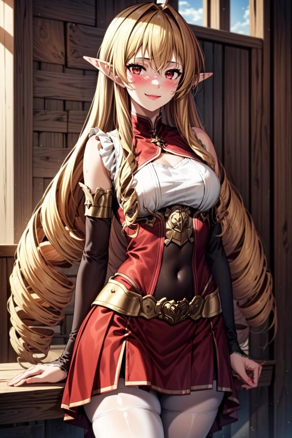best quality, masterpiece, 1girl, (solo:1.1), raytracing, ultra detailed,detailed face, 8k wallpaper, wide hips, <lora:more_details:0.5>, ElinaliseDragonroadNDV, 1girl, blonde hair, red eyes, medium breasts, very long hair, elf, pointy ears, drill hair, smile, blush, red skirt, white shirt, pantyhose, <lora:ElinaliseDragonroadNDV:0.7>