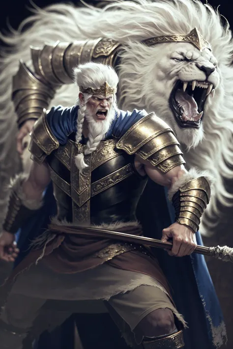 <lora:Godfrey1.0-000015:0.8>,1boy,solo,white hair,braid,beard,crown,lion,white lion,hand on another's shoulder,claws,
armor,blue cape,holding weapon,open mouth,angry,
cowboy shot,simple background,
masterpiece,best quality,ultimate details,highres,8k,wallpaper,extremely clear,