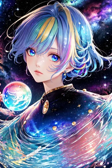 <lora:stargirl(æä¹å¥³):0.8>stargirl, Star Clothes, solo, blue eyes, blonde hair, multicolored hair, blue hair, star \(sky\), jewelry, looking at viewer