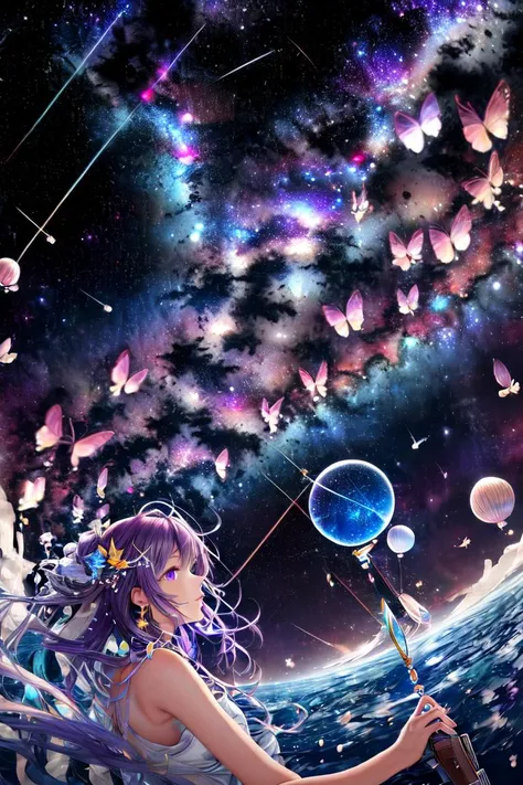 <lora:stargirl(æä¹å¥³):1>stargirl, 1girl, star \(sky\), purple hair, solo, sky, purple eyes, long hair, holding, starry sky, hair ornament, jewelry, earrings, shooting star, looking up