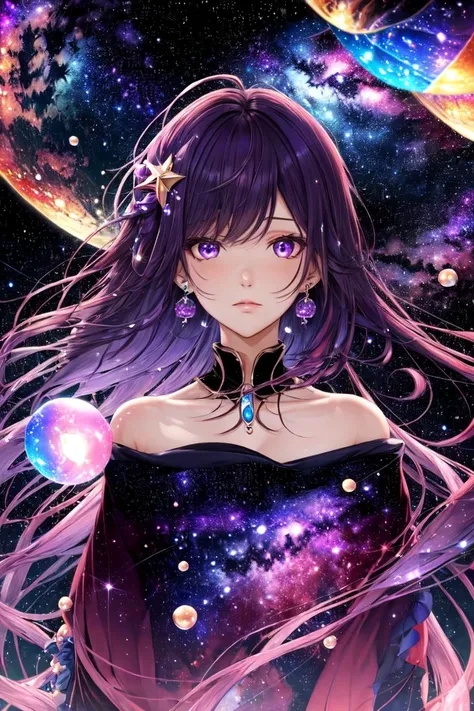 <lora:stargirl(æä¹å¥³):0.8>stargirl, star clothes, 1girl, solo, jewelry, long hair, earrings, purple eyes, purple hair, star \(sky\), looking at viewer, bare shoulders, bangs