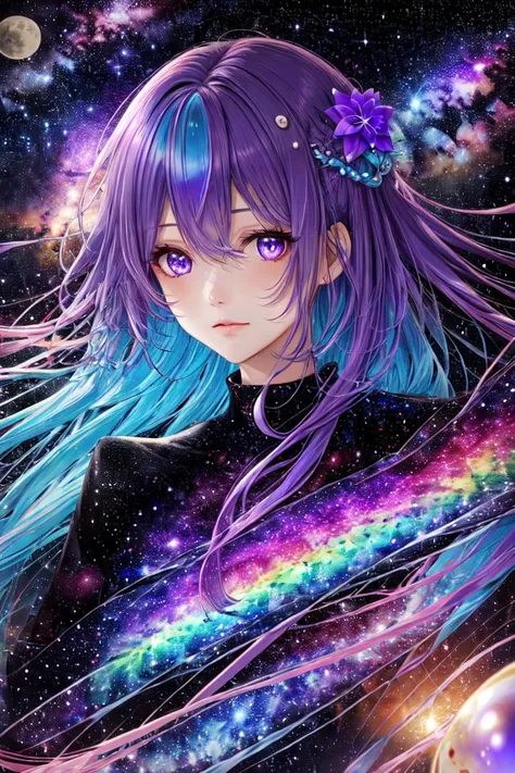 <lora:stargirl(æä¹å¥³):0.8>stargirl, Star Clothes, 1girl, solo, purple hair, purple eyes, long hair, star \(sky\), multicolored hair, looking at viewer, bangs, colored inner hair