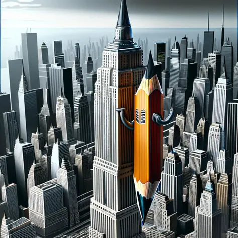 <lora:govind.pencil:1> pencil climbing the Empire State Building
