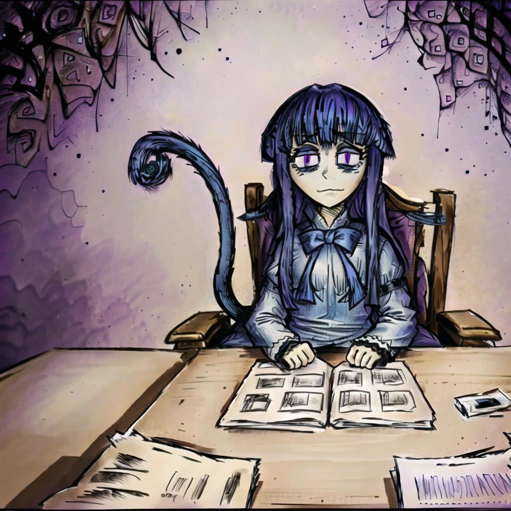 masterpiece, beautiful, 1girl, official art, official artstyle, extremely detailed background, insanity, eldritch, surreal, misty, creepy, horror, psychedelic, schizophrenic art, <lora:burtonesqueStyleV2Out_v2:0.7>, frederica bernkastel, full body, <lora:v1v404LORA_v1v404Ep30:0.6>, smug, :3, purple eyes, bangs, blue bow, blue hair, blunt bangs, bow, cat tail, dress, long hair, long sleeves, purple eyes, solo, tail bow, tail ornament, tail raised, tail ribbon, <lora:blackSouls_5:0.6>, sitting in armchair, holding sheets of paper in hand, <lora:death2HorrorLocon_v10:0.6>, <lora:fredericaBernkastel_bern1060V10:0.9><hypernet:blackSoulsHypernetwork_wd14AnimeEpoch1:0>