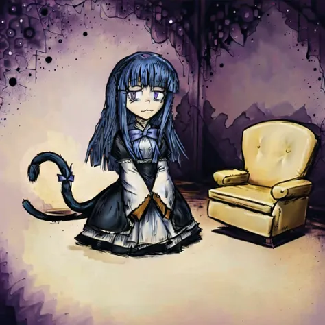 masterpiece, beautiful, 1girl, official art, official artstyle, extremely detailed background, insanity, eldritch, surreal, misty, creepy, horror, psychedelic, schizophrenic art, <lora:burtonesqueStyleV2Out_v2:0.7>, frederica bernkastel, full body, <lora:v1v404LORA_v1v404Ep30:0.6>, smug, :3, purple eyes, bangs, blue bow, blue hair, blunt bangs, bow, cat tail, dress, long hair, long sleeves, purple eyes, solo, tail bow, tail ornament, tail raised, tail ribbon, <lora:blackSouls_5:0.6>, sitting in armchair, holding sheets of paper in hand, <lora:death2HorrorLocon_v10:0.6>, <lora:fredericaBernkastel_bern1060V10:0.9><hypernet:blackSoulsHypernetwork_wd14AnimeEpoch1:0>