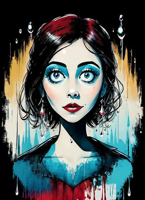 <lora:aubreyPlaza_v1:1>, (masterpiece, best quality:1.1), pxint, sks woman, detailed eyes, portrait, beautiful, looking at viewer, droplets, Spanish carmine and Iceberg, sparkle, bubble, flowing, with a splash of paint, (abstract:0.8) <lora:abstractPortraits_v1:0.8> <lora:burtonesqueStyleV2Out_v2:0.65>