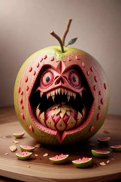 symmetrical wooden carved fruitynightmare <lora:fruitynightmare_model:0.3> Guava, wood shavings, vibrant colorful wet paint, octane render, unreal engine, highly detailed, intricate <lora:epiNoiseoffset_v2Pynoise:2> <lora:burtonesqueStyleV2Out_v2:0.3>