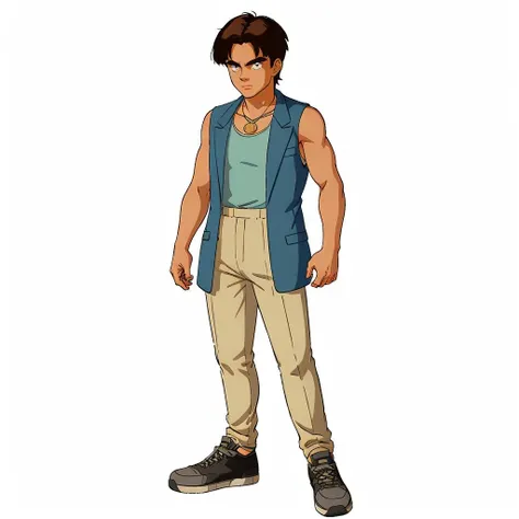 masterpiece,high quality,
<lora:mondoagake001:0.7>,solo,(white background:1.5),
mondo_agake,1boy,
short hair,brown hair,parted bangs,thick eyebrows,sanpaku,black eyes,dark skin,
pendant,tank top,jacket,sleeveless,
shirt tucked in,pants,
brown footwear,sneakers,
full body,standing,