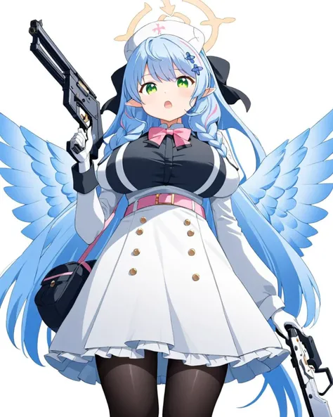 mine \(blue archive\),1girl, pink_ribbon, solo, belt_pouch, large_breasts, white_skirt, holding_gun, looking_at_viewer, white_background, halo, long_sleeves, simple_background, pink_belt, hair_ribbon, nurse_cap, black_pantyhose, :d, pink_bowtie, open_mouth, black_shirt, frilled_skirt, hair_ornament, white_gloves, feathered_wings, puffy_sleeves, white_headwear, rifle, from_below, cowboy_shot, twin_braids
<lora:mine_(blue_archive)_image250_2023-11-28:1>halo. gorgeous,key visual, vibrant, studio anime,award-winning, professional, highly detailed,high budget, cinemascope