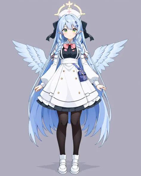 mine \(blue archive\),1girl, solo, white_footwear, white_background, nurse_cap, shoes, juliet_sleeves, halo, closed_mouth, feathered_wings, simple_background, white_wings, black_pantyhose, blush, full_body, looking_at_viewer, medium_breasts, white_dress, puffy_long_sleeves, standing, white_headwear, twin_braids, white_skirt, frills, white_apron, hair_ornament, hair_ribbon
<lora:mine_(blue_archive)_image250_2023-11-28:1>halo. gorgeous,key visual, vibrant, studio anime,award-winning, professional, highly detailed,high budget, cinemascope