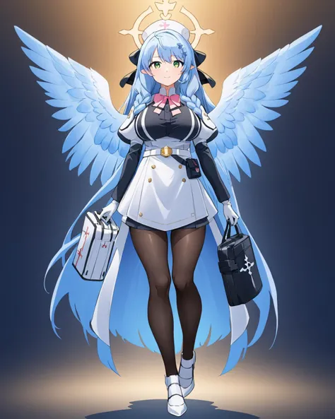 mine \(blue archive\),1girl, halo, wings, solo, braid, english_text, high_heels, gun, nurse_cap, full_body, shield, white_footwear, breasts, belt, looking_at_viewer, pantyhose, white_gloves, holding_weapon, bag, official_alternate_costume
<lora:mine_(blue_archive)_image250_2023-11-28:1>halo. gorgeous,key visual, vibrant, studio anime,award-winning, professional, highly detailed,high budget, cinemascope