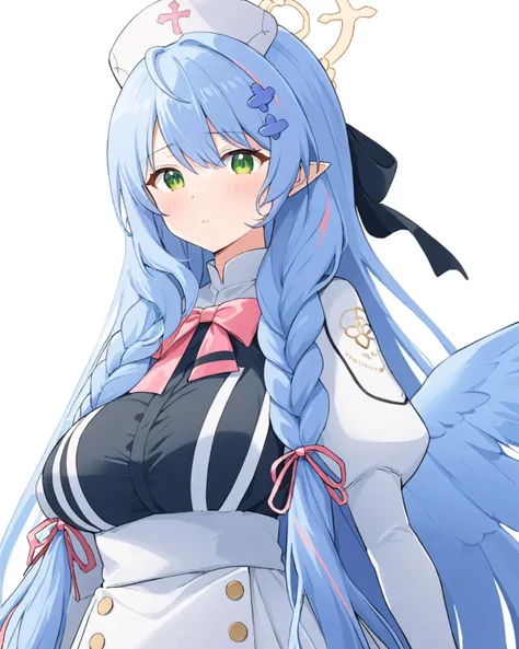 mine \(blue archive\),1girl, solo, white_background, nurse_cap, breasts, twin_braids, looking_at_viewer, dress, blush, maid, hair_ornament, simple_background, ribbon, bow, parted_lips, apron, white_gloves
<lora:mine_(blue_archive)_image250_2023-11-28:1>halo. gorgeous,key visual, vibrant, studio anime,award-winning, professional, highly detailed,high budget, cinemascope