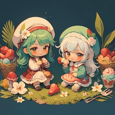 cake,food, green hair, flower, hat, fruit, chibi, 2girls, white hair, white headwear, multiple girls, long hair, strawberry, cherry, white flower, sitting, skirt, bangs, fork, long sleeves, brown eyes, beret, cake, grass, ice cream, holding, closed mouth, blush, blue background ,<lora:MG:0.8>