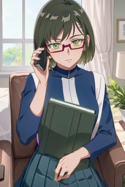 best quality, masterpiece, highres, solo, {shinjo_amane_birdiewinggolfgirlsstory:1.15}, glasses, short_hair, semi-rimless_eyewear, green_hair, green_eyes, under-rim_eyewear, red-framed_eyewear, 1girl, black_hair, looking_at_viewer, school_uniform, serafuku, skirt
