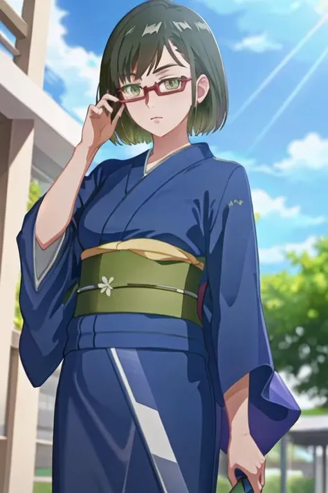 best quality, masterpiece, highres, solo, {yukata:1.40}, {kimono:1.20}, {shinjo_amane_birdiewinggolfgirlsstory:1.15}, glasses, short_hair, semi-rimless_eyewear, green_hair, green_eyes, under-rim_eyewear, red-framed_eyewear