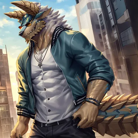 (masterpiece, best quality, high quality, highres:1.4), detailed, extremely detailed, ambient soft lighting, 4K, by (by Pino Daeni, (by ruaidri), yupa, kiyosan,(by meesh), (by sollyz) (by fffffolder)), (cuban crocodile: ( hunk, athletic, crocodile, yellow body, scales, athletic muscle, anthro legs, (crocodile feet) (((solo))), green eyes, (detailed eyes), crocodile tail, bare_shoulders , (((angry_face))), (clothing, (topwear: (open jacket), handwear:(gloves: fingerless), bottomwear:(jeans:black, leather boots))),standing) tag:1boy)) ,(((night))), (((inside apartment)))