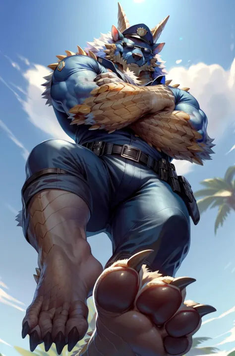 solo,anthro,zinogre,<lora:zinogre_mix2:1>,tail,full body,(dragon horns:1.2),
(by null-ghost,by raccoon21,masterpiece,high quality),
(police_uniform:1.3),police cap,
(sunglasses:1.2),crossed arms,
(low-angle view:1.3),(worm's-eye view:1.3),(((foot on camera))),pawpads,