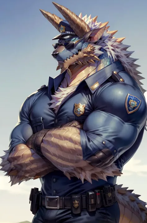 ((character_design),concept art,model sheet,digital media (artwork)),
anthro,zinogre,<lora:zinogre_mix2:1>,tail,full body,(dragon horns:1.2),blue eyes,
full body,abs,(((huge pecs))),nipples,(nipple rings:1.2),
((((detailed sweat, sweat drop,bodily fluids)))),
(by null-ghost,by raccoon21,masterpiece,high quality),
(((open clothes, police_uniform, police cap))),sunglasses,
front view,
