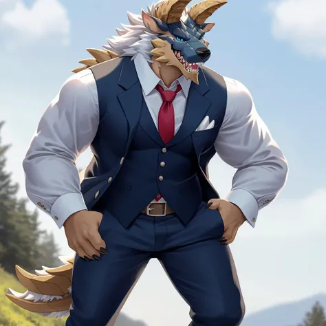 masterpiece, best quality, high quality, highres, detailed, extremely detailed,zinogre,  <lora:zinogre_Indigo:1>,solo, 1boy, blue eyes, male focus, muscular, claws, furry, furry male, horns, tail, teeth, muscular male, full body, necktie, 1boy, male focus, blue eyes, solo, vest, formal, red necktie, suit, sharp teeth, coat, (hands in pockets), furry male, shirt, cropped legs, pants, teeth, ((detailed eye))