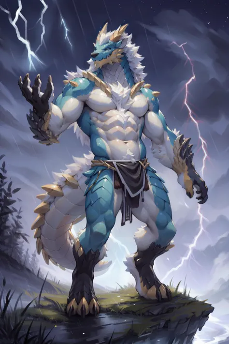 [(white background:1.5),::7] hexagon, zinogre, dragon, loincloth, magic light, (standing,raised arm), mid shot, full body, in forest, (lightning,rain,wind), sky, detailed moon, light particles, night, starry sky, <lora:gachaSplashLORA_gachaSplash31:1>, (by kenket)(by Pino Daeni), <lora:zinogre_mix2:1>