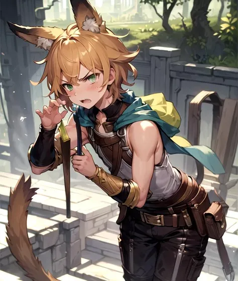 masterpiece,best quality, <lyco:C&R:0.7>,one ,young,(thin),solo,Cassim,green eyes,animal ears,angry,nervous,(((thin and weak)))