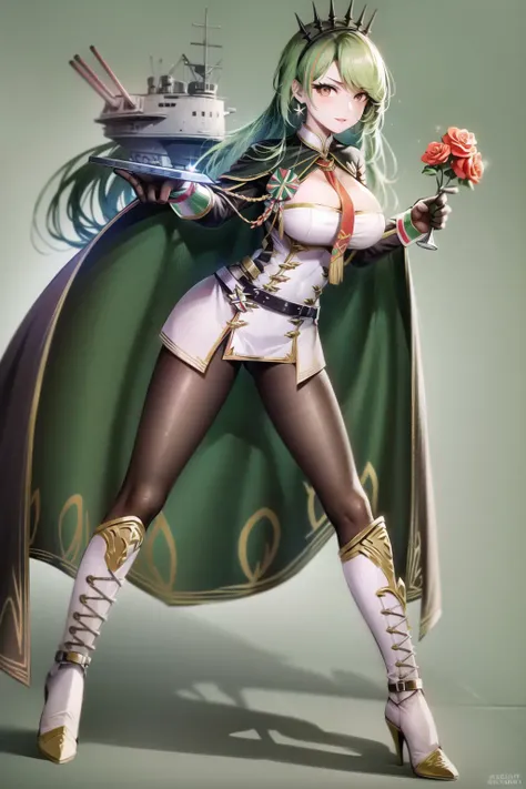 masterpiece, best quality, LittorioV4, 1girl, solo, long hair, breasts, looking at viewer, large breasts, gloves, dress, holding, full body, weapon, flower, pantyhose, earrings, boots, green hair, black gloves, sword, cape, white dress, high heels, rose, white footwear, black background, turret, holding flower, rigging, aiguillette, green cape, italian flag, <lora:LittorioV4-10:1>