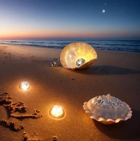 Splash water, flowers roses and shiny large shells, diamond crystal, on the beach, fantasy, sky night , moon, smoke , photo, HD, 8K , realistic, HD, intricate, 8k, highly detailed,fun, sharp focus,