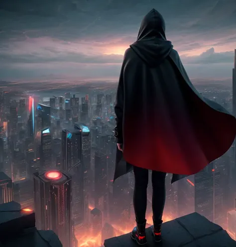 1girl,standing on a ledge overlooking a city at night, stylized urban fantasy art, hooded hooded Sith Lord, digital cyberpunk anime art, blood moon background, wearing hooded science fiction cape, digital cyberpunk - anime art, modern science fiction anime, dark cyberpunk illustration, anime cyberpunk art, cyberpunk anime girl with hood, during a blood moon,rendered in Unreal Engine, peeled sky, broken winds,sky between cracks, realistic material details, extreme details, hyper-realistic materials, Unreal Engine rendering concept art, broken sky, Unreal Engine art, dramatic lighting. Concept art, rendered in Unreal 5, ((Unreal Engine)), Unreal Engine Art 5