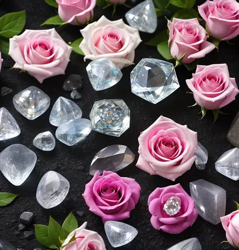 flowers roses, stones transparent and diamond crystal in water
