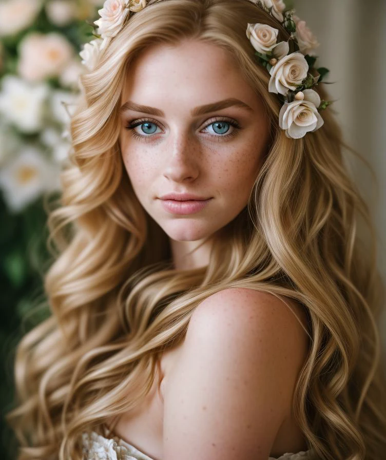 detailed and realistic portrait of a rapunzel maid with a few freckles, long blonde disheveled hairs, multicolor mesmerizing eyes, dark fluffy dress, soft natural lighting, portrait photography, magical photography, dramatic lighting, photo realism, ultra-detailed, intimate portrait composition, flowers in background, Leica 50mm, f1. 4,