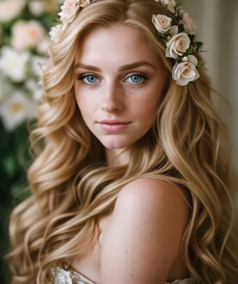 detailed and realistic portrait of a rapunzel maid with a few freckles, long blonde disheveled hairs, multicolor mesmerizing eyes, dark fluffy dress, soft natural lighting, portrait photography, magical photography, dramatic lighting, photo realism, ultra-detailed, intimate portrait composition, flowers in background, Leica 50mm, f1. 4,