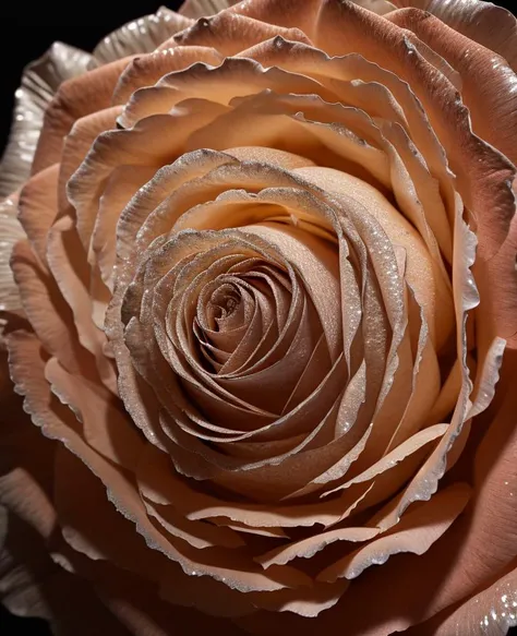 a close-up view of a big petrified rose with intricate details, surrounded by a soft glow, causing the rose to stand out against a dark background