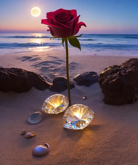 Splash,explotion, flowers roses and shiny large shells, diamond crystal, on the beach, fantasy, sky night , moon, smoke , photo, HD, 8K , realistic, HD, intricate, 8k, highly detailed,fun, sharp focus,