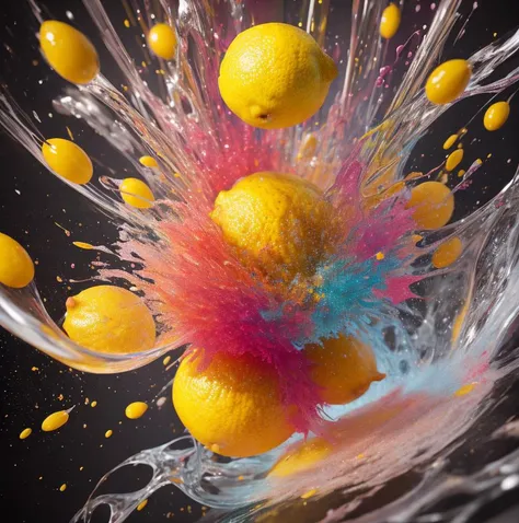 A perfect abstract, photorealistic, Food lemon , LIQUID SPLASH, 3D BEEPLE STYLE, 8 k, 32 k, HDR, realistic, liquid splashes, merging, melting, splashing, droplets, mixing, fading away, exploding, swirling, intricate detail, modelshoot style, dreamlikeart, dramatic lighting. 8k, highly detailed, trending artstation, Slpash
