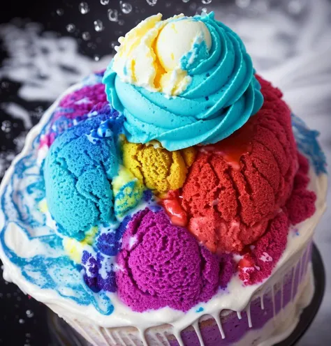 a ice cream, cake, liquid made of liquid splashes, merging, melting, splashing, droplets, mixing, fading away, exploding, swirling, intricate detail, modelshoot style, dreamlikeart, dramatic lighting. 8k, highly detailed, trending artstation