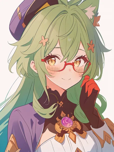 1girl, 
sucrose \(genshin impact\),  
solo, white background, breasts, hat, vision \(genshin impact\), long hair, glasses, semi-rimless eyewear, green hair, animal ears, smile, gloves, yellow eyes, simple background, long sleeves, looking at viewer, blush, 
masterpiece, best quality
 <lora:mki-genshin108-1.5-v3:1>