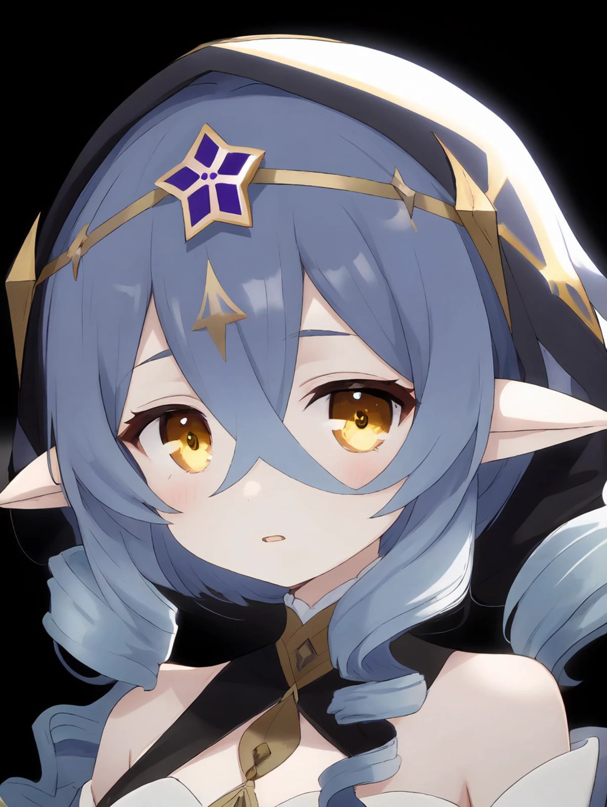 1girl,
layla \(genshin impact\),
solo, drill hair, drill sidelocks, looking at viewer, pointy ears, hood, hair between eyes, sidelocks, yellow eyes, bare shoulders, upper body, long hair, parted lips, blue hair,
masterpiece, best quality
<lora:mki-genshin108-1.5-v3:1>
