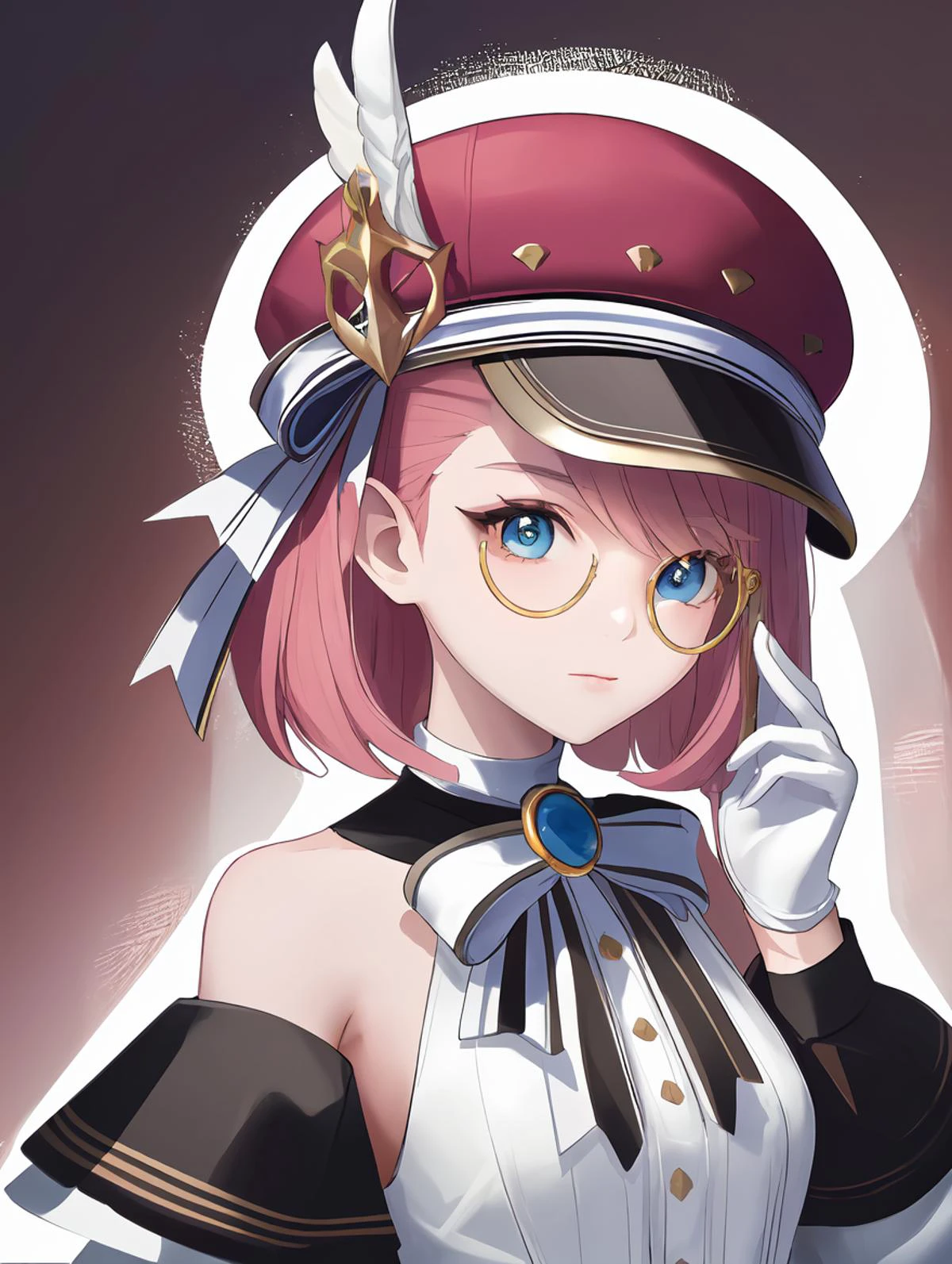 1girl,
charlotte \(genshin impact\),
solo, aqua eyes, white shirt, short hair, red hat, detached sleeves, monocle, hat, pink hair, bare shoulders, white gloves, shirt, long sleeves, upper body, cabbie hat, gloves,
masterpiece, best quality
<lora:mki-genshin108-1.5-v3:1>